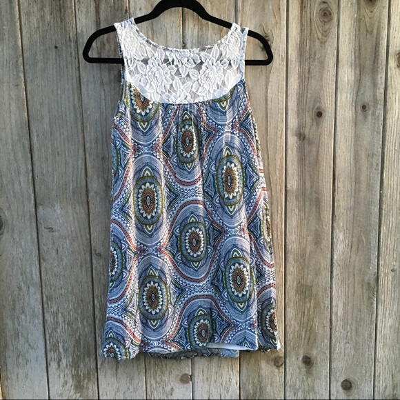 Xhilaration Boho Print & Lace Tunic Sun Dress Sleeveless Midi Dress Medium - Picture 5 of 6